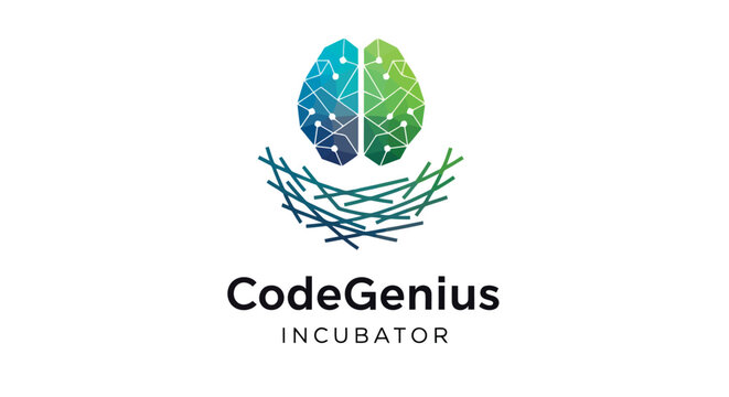Code genius incubator logo with brain and nest vector design