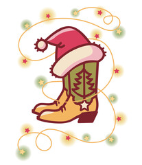 Cowboy Christmas vector illustration with Cowboy boots and Santa hat decorated Christmas lights isolated on white background with winter holiday Christmas text. Howdy Christmas rodeo illustration