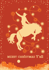 Cowboy Christmas card vector illustration with rodeo Cowboy riding wild horse silhouette on red paper background with winter holiday Christmas text. Howdy Christmas rodeo illustration