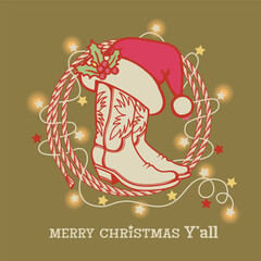 Cowboy Christmas card with Cowboy boots and Santa hat Christmas lights Holiday decoration on vintage paper texture. This design captures the spirit of country style Christmas vintage green card