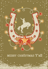 Christmas Rodeo vector card illustration with horseshoe Christmas lights Holiday decoration on green red background with cowboy riding wild horse silhouette and holiday rodeo text