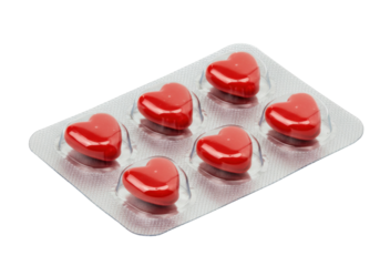 Red heart-shaped pills in blister pack isolated, love and health concept for medical or pharmaceutical use