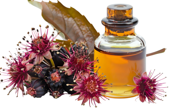 AI Image: Botanical elixir with exotic blossoms showcasing nature's potency in a bottle against a