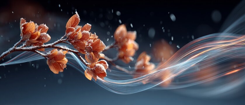 The delicate art of seasons: autumn's finale under a blanket of snow. Network connectivity. Vivid orange leaves on a snow-dusted branch against a twilight sky. Data streams. Network traffic.