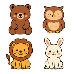 Set of four cute style cartoon animals fbare; owl; lion; rabbit. Each character features rosy cheeks, closed eyes, and cheerful expressions. Perfect for kids' design, education, and playful 