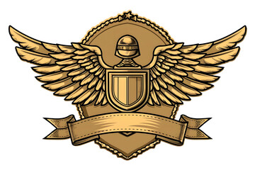 AI Image of an Elaborate Winged Crest with Military Helmet and Banner Symbol, Gold Embellishments