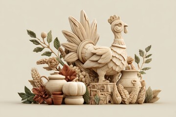 Intricate wood carving of rooster with vases and floral accents.