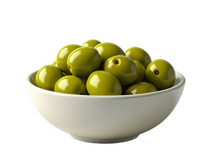  Pile of Green Olives in a Small Ceramic Bowl, 3D Render Isolated on White