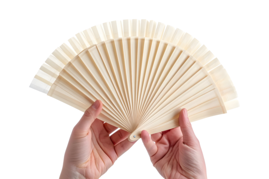 AI Image: Hands presenting a handcrafted, unfolded ivory fan against a stark black backdrop