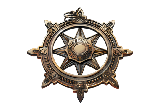 AI Image A detailed bronze circular pendant depicting an eight pointed star design surrounded by