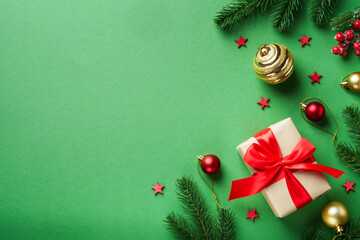 Christmas flat lay background on green.