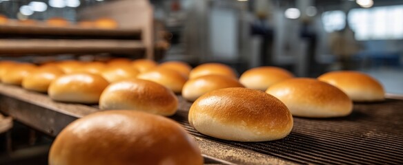 The bread rolls emerging from an industrial conveyor oven in a commercial bakery