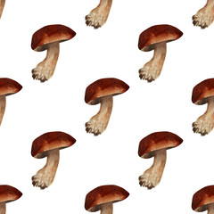 Seamless porcini mushroom background. Watercolor pattern with botanical illustration of brown cep, edible boletus for wallpaper, wrapping, textile prints