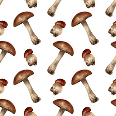 Seamless porcini mushroom background. Watercolor pattern with botanical illustration of cep, edible birch boletus for wallpaper, wrapping, fabric, decor