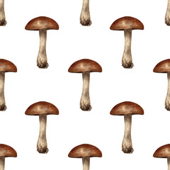 Seamless porcini mushroom background. Watercolor pattern with botanical illustration of cep, edible birch boletus for wallpaper, wrapping, fabric prints