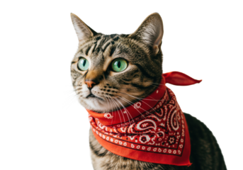 Brown tabby cat with red bandana isolated on transparent background, cute pet portrait in PNG format