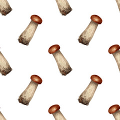 Seamless porcini mushroom background. Watercolor pattern with botanical illustration of cep, edible boletus for wallpaper, wrapping, fabric prints