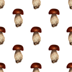 Seamless porcini mushroom background. Watercolor pattern with botanical illustration of brown cep, edible boletus for wallpaper, wrapping paper, textile prints, decor