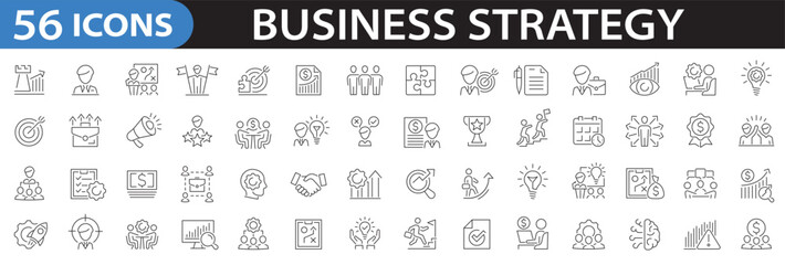 Business strategy line icon set. Startup, market analysis, plan, teamwork, partnership, office, goal, presentation, growth and more. Vector illustration