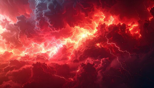 Dramatic Fiery Red Storm Clouds with Intense Lightning.