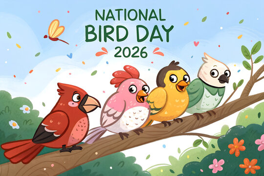 National Bird Day 2026: Celebrate with Cute Cartoon Birds on a Branch – Nature, Wildlife, Conservation, & Education for All Ages!