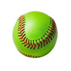 a vibrant green softball with red stitching is displayed against a white background.