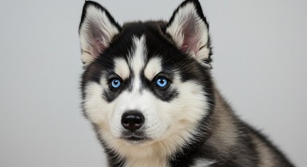 Chiot Husky yeux bleus intense regarde directement lumi�re douce fond neutre. AI Generated