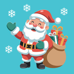Cute Santa Claus illustration. Santa Claus in a Christmas costume with a bag of gifts. Christmas symbol person. Cartoon vector illustration isolated on blue background