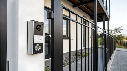 Modern smart video doorbell installed on exterior wall near black metal gate of contemporary residential house providing home security and surveillance technology concept