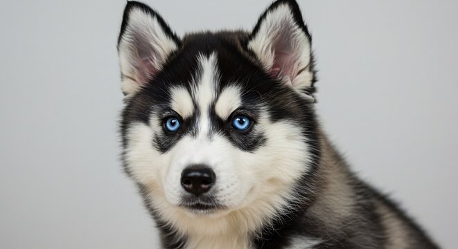 Chiot Husky yeux bleus intense regarde directement lumi�re douce fond neutre. AI Generated
