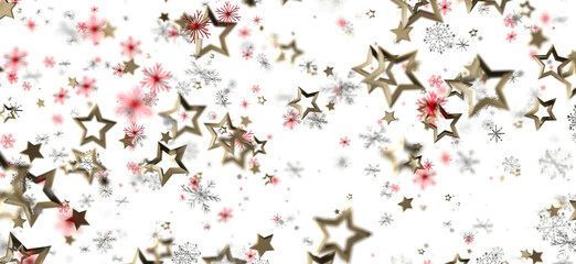 Beautiful elegant Christmas or winter holiday themed background with golden stars red and silver snowflakes on a white background. Perfect for f