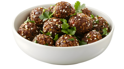 AI Image: Bowl of delicious lentil balls with sesame seeds and fresh coriander garnish, a healthy