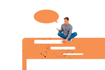 Composite artwork collage image picture of mini guy use tablet isolated on creative background