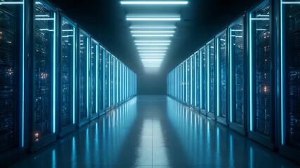 Futuristic server room with data servers, illuminated by neon lights reflecting on the glossy floor. - Powered by Adobe