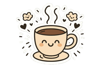 Obraz premium Joyful Coffee Stickers. Joyful doodle stickers: happy coffee cup, tiny steam clouds and hearts waving, playful doodle details,