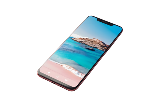 AI Image of a sleek smartphone displaying a vibrant coastal beach scene on its screen against a