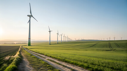 Obraz premium Wind turbines on green field at sunrise producing renewable energy and representing sustainability clean technology and eco friendly power generation concept