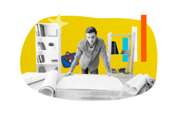 Composite photo collage of serious man architect look paper sheet documentation workplace bookshelf chart isolated on painted background