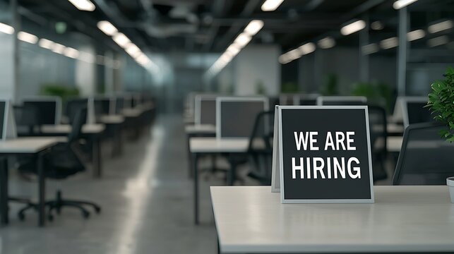 A modern office space featuring a "We Are Hiring" sign, with empty desks and subtle greenery, suggesting a welcoming work environment.