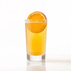 Glass of orange juice with slice isolated on pure white background