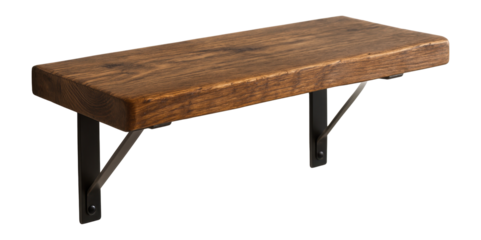 Rustic wood wall shelf with metal brackets, ideal for showcasing books in a cozy space.