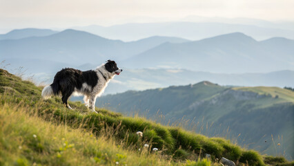 Border Collie standing on grassy hilltop with panoramic mountain view under morning sunlight symbolizing adventure, loyalty and freedom ideal for travel and pet lifestyle visuals