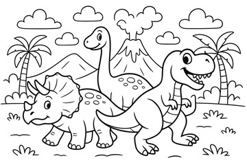 Obraz premium Dinosaur Adventure Coloring. Dinosaur adventure coloring page: group of dinosaurs (t-rex, triceratops, brontosaurus) walking
