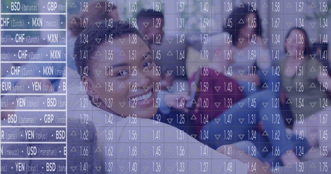 Standing six professionals in business attire reviewing currency rates in office, with rate overlay