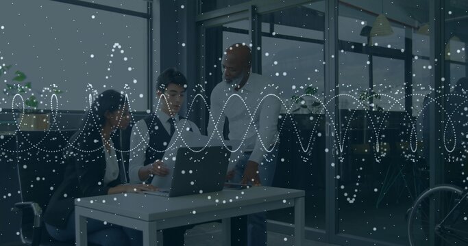 Professionals in suits analyzing data on laptop in conference room, with waveform pattern - Powered by Adobe
