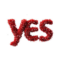 a three-dimensional rendering of the word "yes" constructed from a mass of small, red, spiky, fiber-like elements against a plain white background.