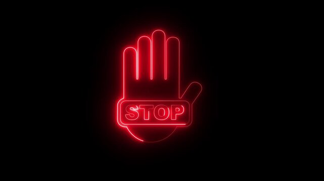glowing Neon Stop hand sign icon of hand palm. stop Sign & Prohibition Icon Set: Hand, Traffic Signals, Forbidden Actions, and Control Symbols for Road Safety, Technology, Stop gesture.