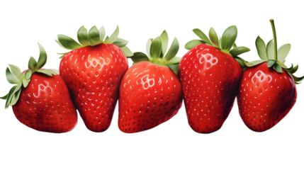 AI Image A delightful row of five vibrant strawberries with lush green stems against a stark black