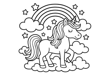 Fototapeta premium Unicorn Fantasy Coloring Page. Magical creatures coloring page: unicorn with flowing mane, stars and rainbow above, clouds around,