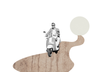 Composite artwork collage image picture of guy drive scooter isolated on creative background